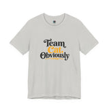 Light gray T-shirt with 'Team Cat, Obviously' graphic, short sleeves, crew neck