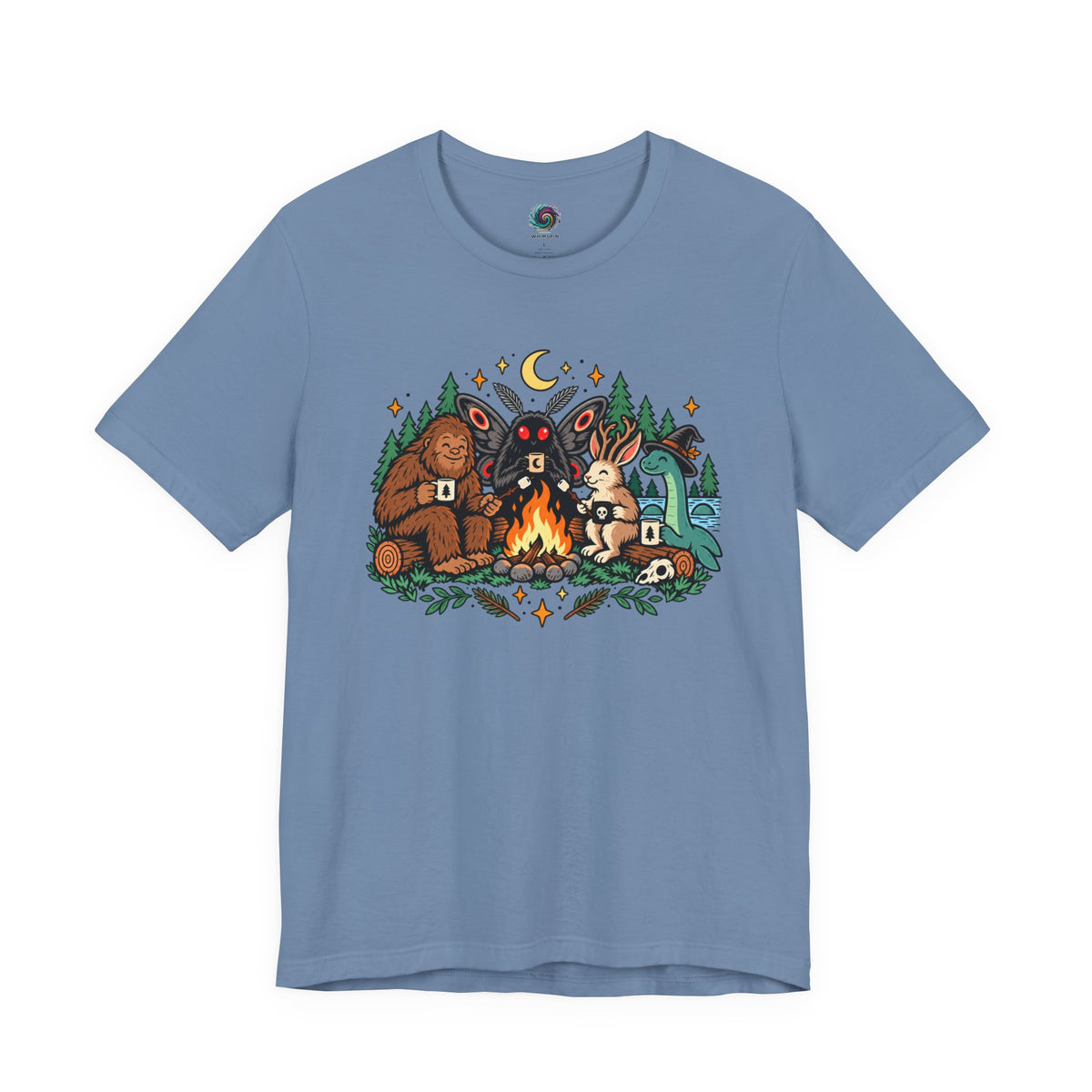 Light blue campfire cryptid T-shirt with colorful illustrated crew graphic