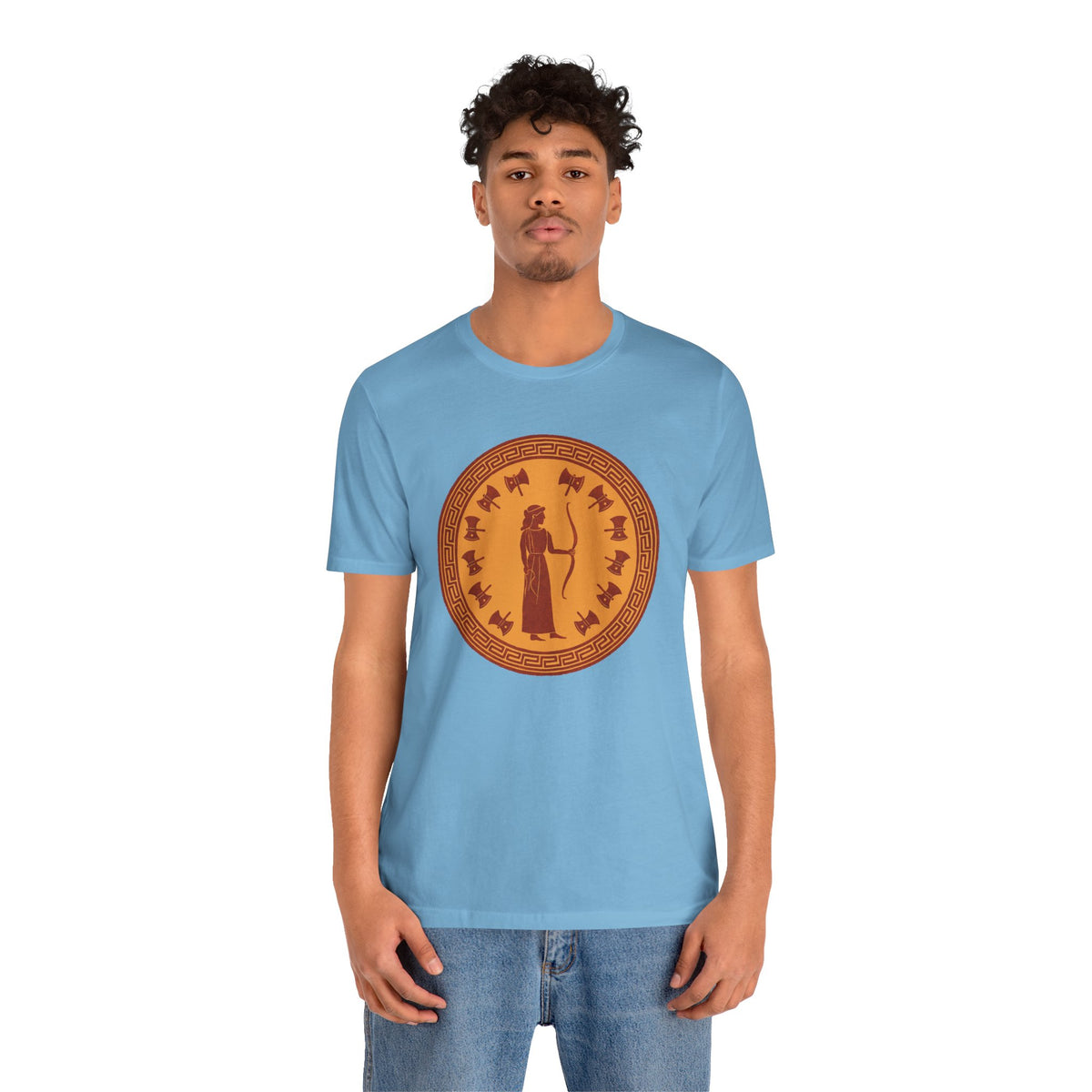 Light blue crewneck T-shirt featuring a circular orange mythic figure graphic
