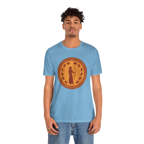 Light blue crewneck T-shirt featuring a circular orange mythic figure graphic