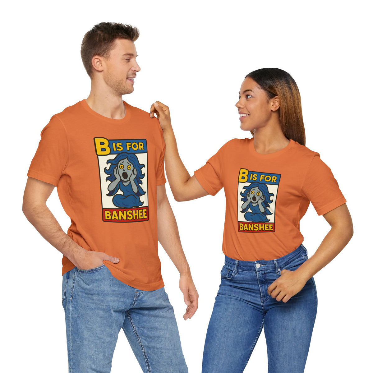 Burnt orange and blue-jeans model wearing a T-shirt with “B is for Banshee” graphic