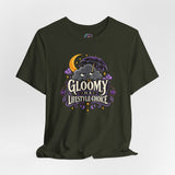 Dark olive crew-neck T-shirt with colorful bat-and-moon “Gloomy” front graphic