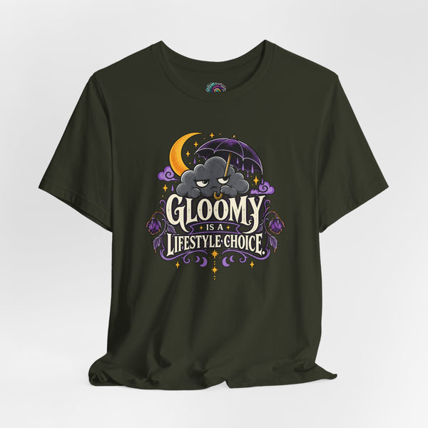 Dark olive crew-neck T-shirt with colorful bat-and-moon “Gloomy” front graphic