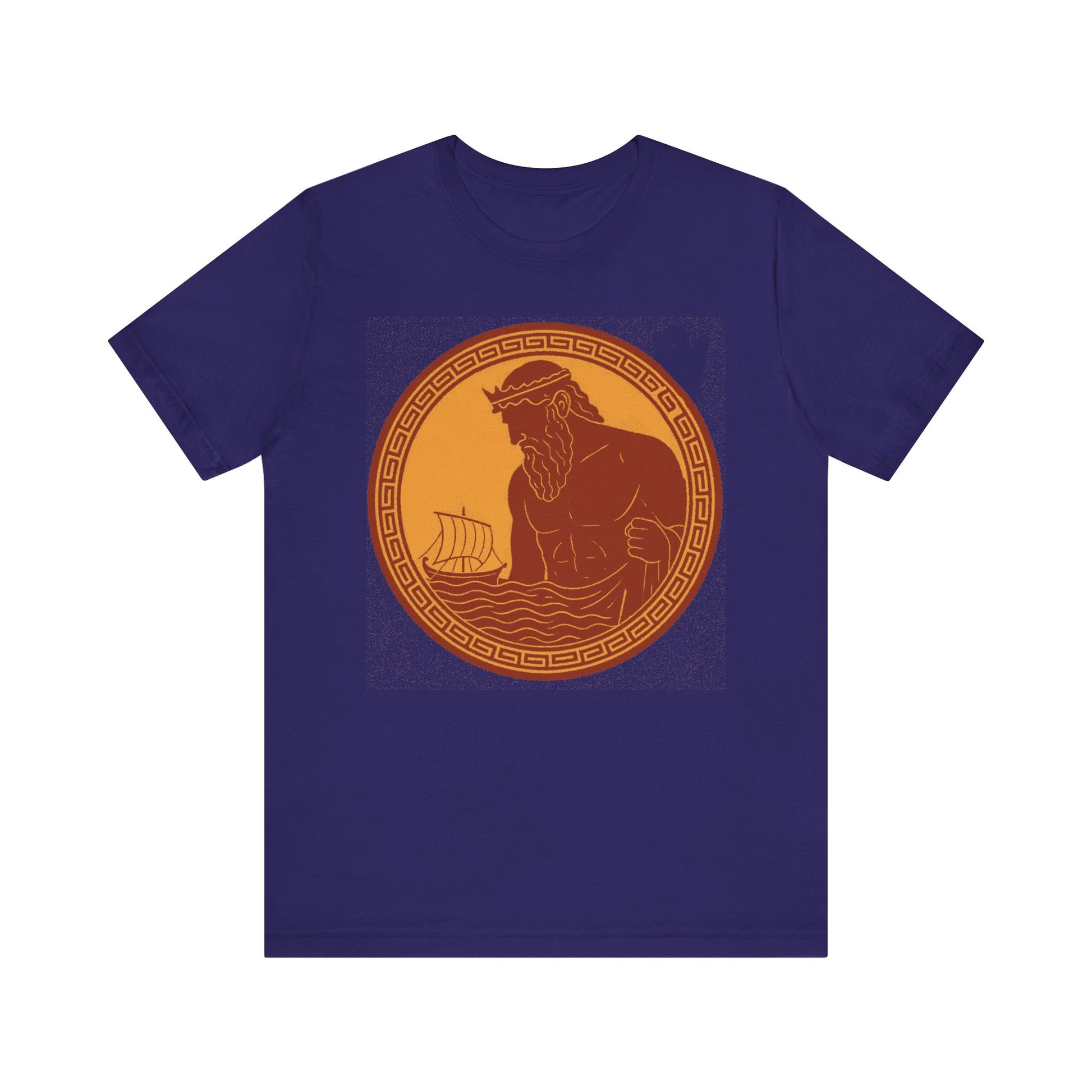 Team Navy Poseidon Epic T shirt from WhimSpin. This shirt features an ancient greek amphora style image of Poseidon raising from the sea and looming over a boat on the waves. Image is in terracotta cotta red and golden yellow. 