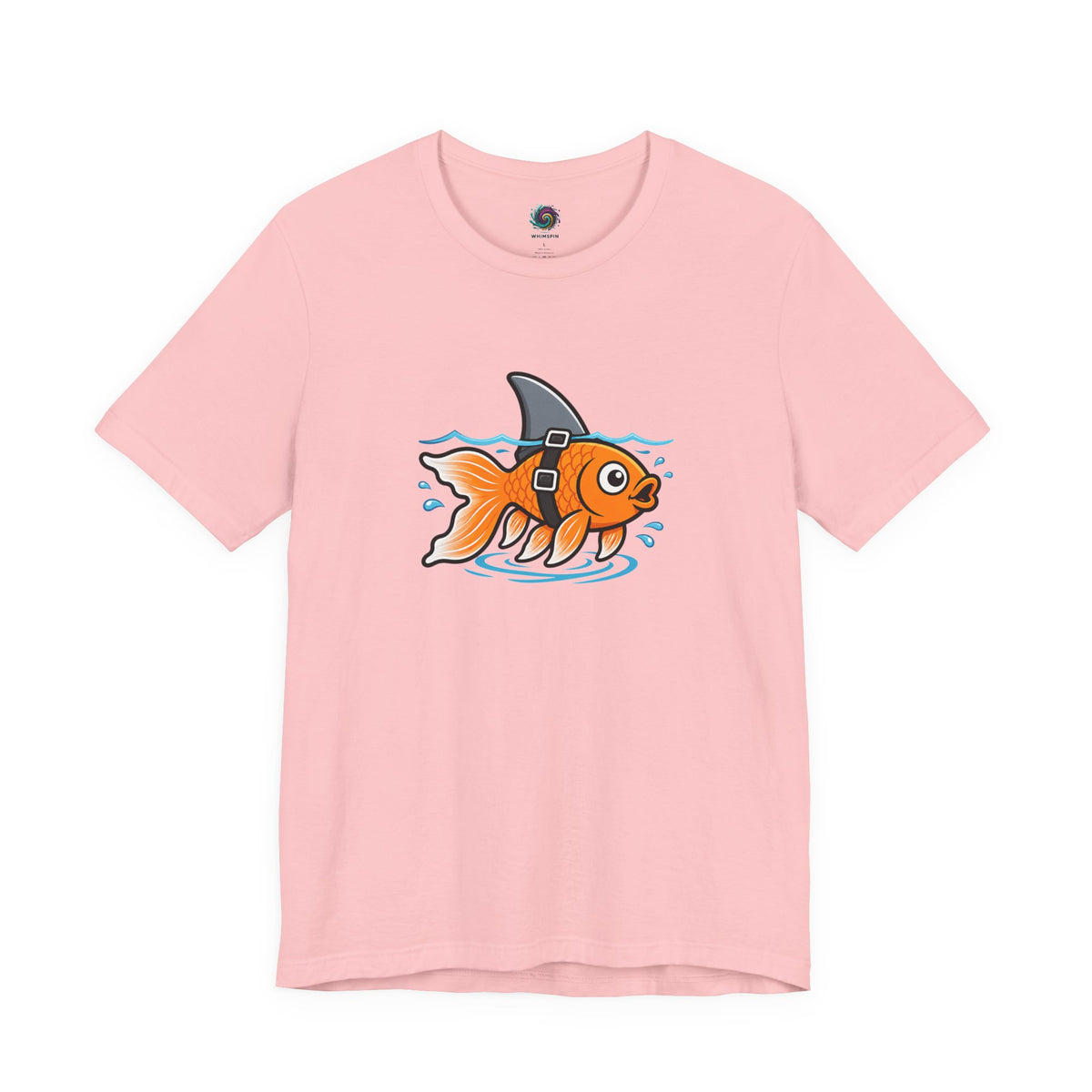 Light pink T-shirt with cartoon goldfish-and-shark graphic on the chest