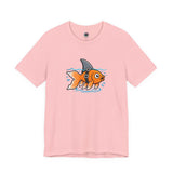 Light pink T-shirt with cartoon goldfish-and-shark graphic on the chest