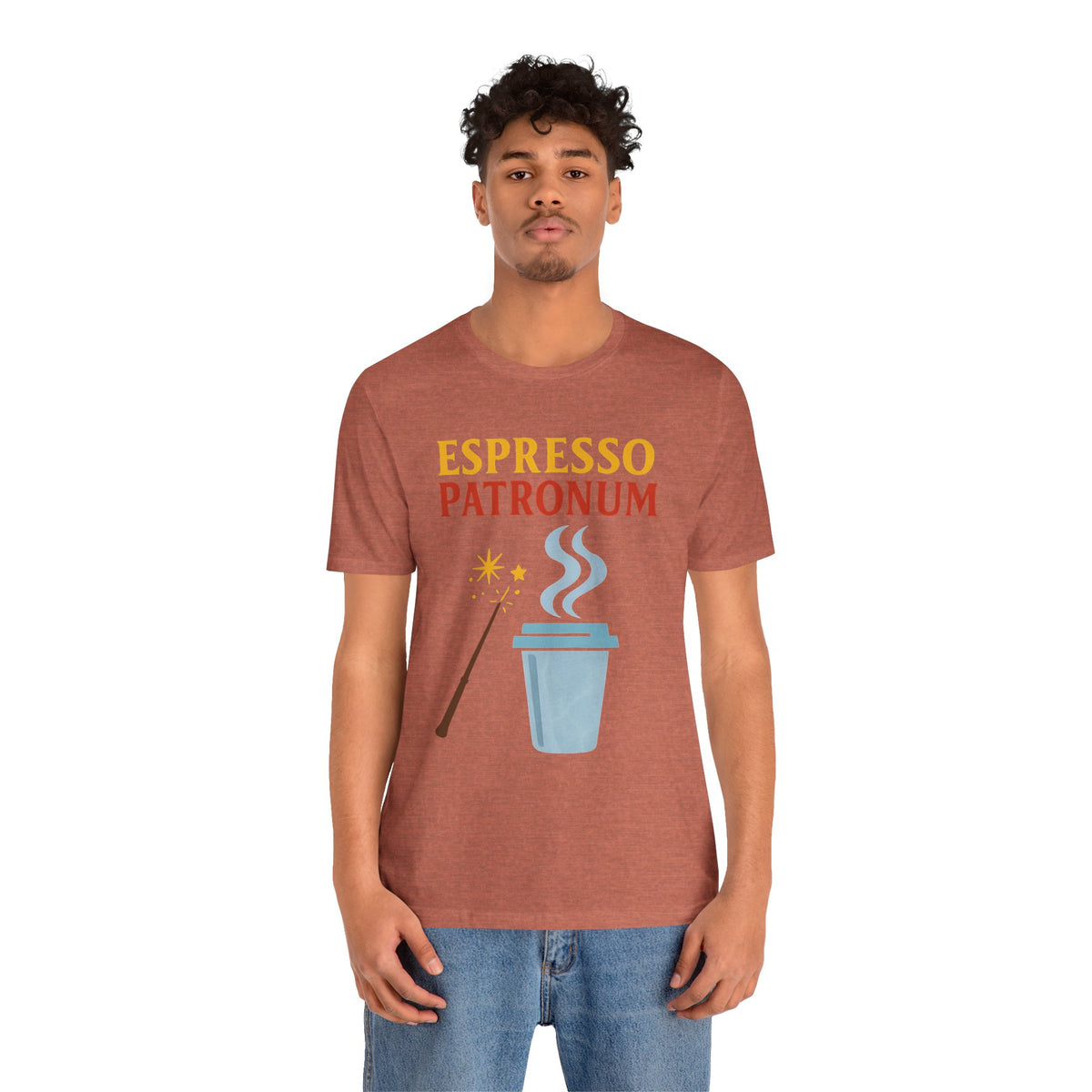 Rust red short-sleeve T-shirt with “ESPRESSO PATRONUM” text and coffee cup graphic