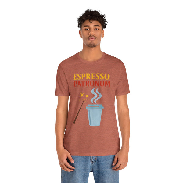 Rust red short-sleeve T-shirt with “ESPRESSO PATRONUM” text and coffee cup graphic