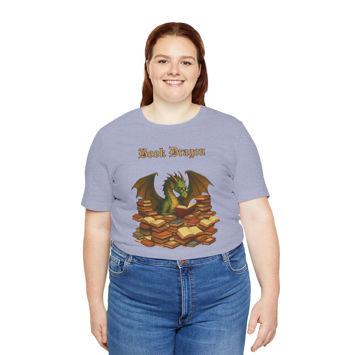 Lavender crew-neck T-shirt with Book Dragon design and dragon perched on books
