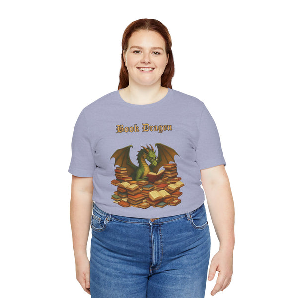 Lavender crew-neck T-shirt with Book Dragon design and dragon perched on books