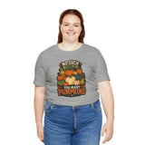 Heather gray pumpkin graphic T-shirt with bold fall slogan centered on the chest.