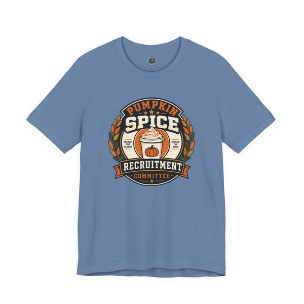Blue crewneck T-shirt with Pumpkin Spice Recruitment Committee logo graphic