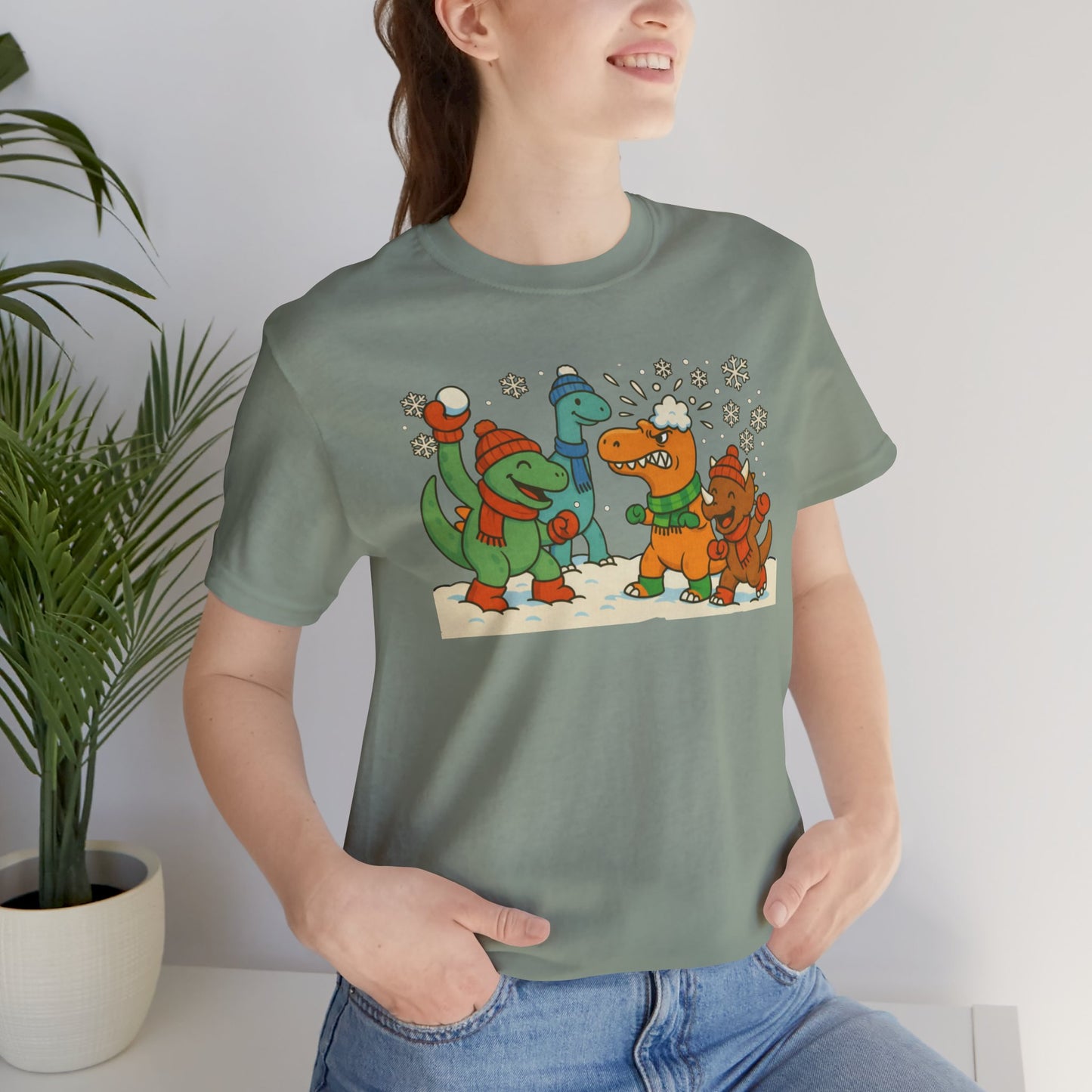 Dinosaur Snowball Fight T-Shirt – Funny Winter Dino Graphic Tee