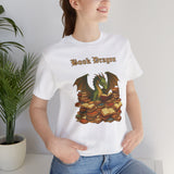 White crewneck t-shirt worn model, “Book Dragon” graphic with dragon over stacked books