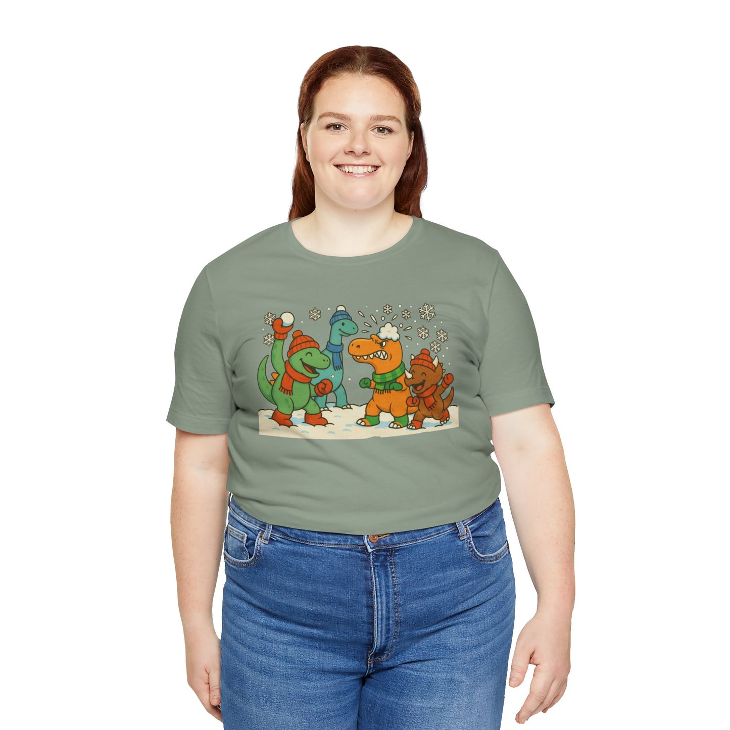 Dinosaur Snowball Fight T-Shirt – Funny Winter Dino Graphic Tee