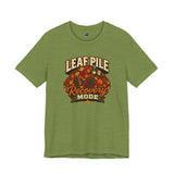 Leaf pile graphic recovery mode T-shirt in olive green with fall leaves front print