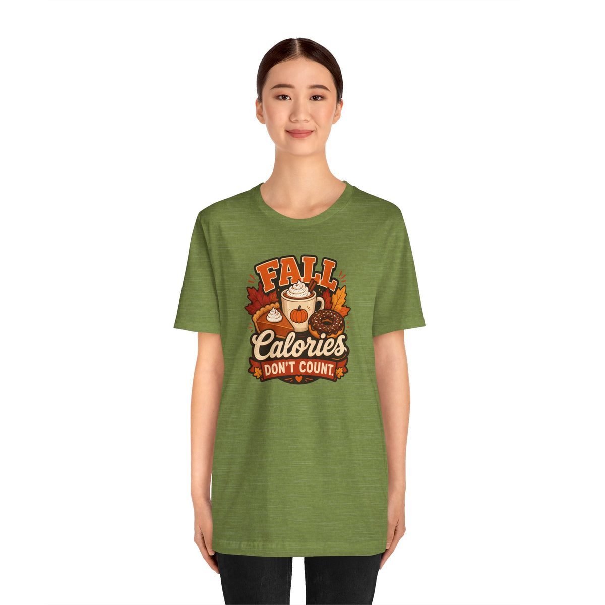 Olive green crewneck t-shirt with front fall food graphic, straight-on view.