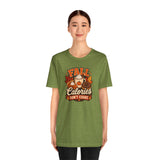 Olive green crewneck t-shirt with front fall food graphic, straight-on view.