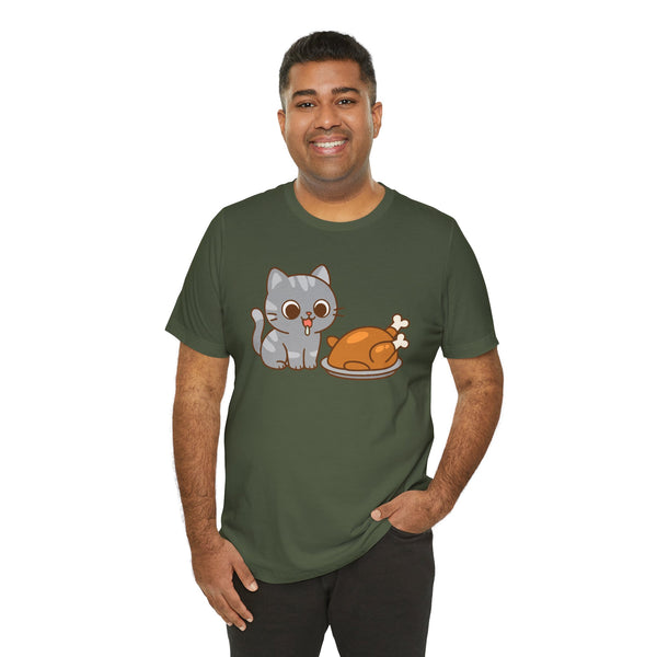 Dark green t-shirt with cat and turkey illustration centered on the front