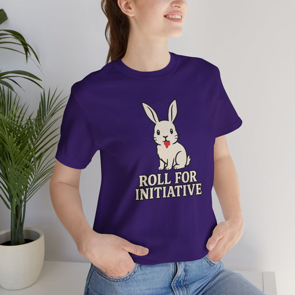 Purple crew-neck T-shirt with bunny graphic and “Roll for Initiative” print