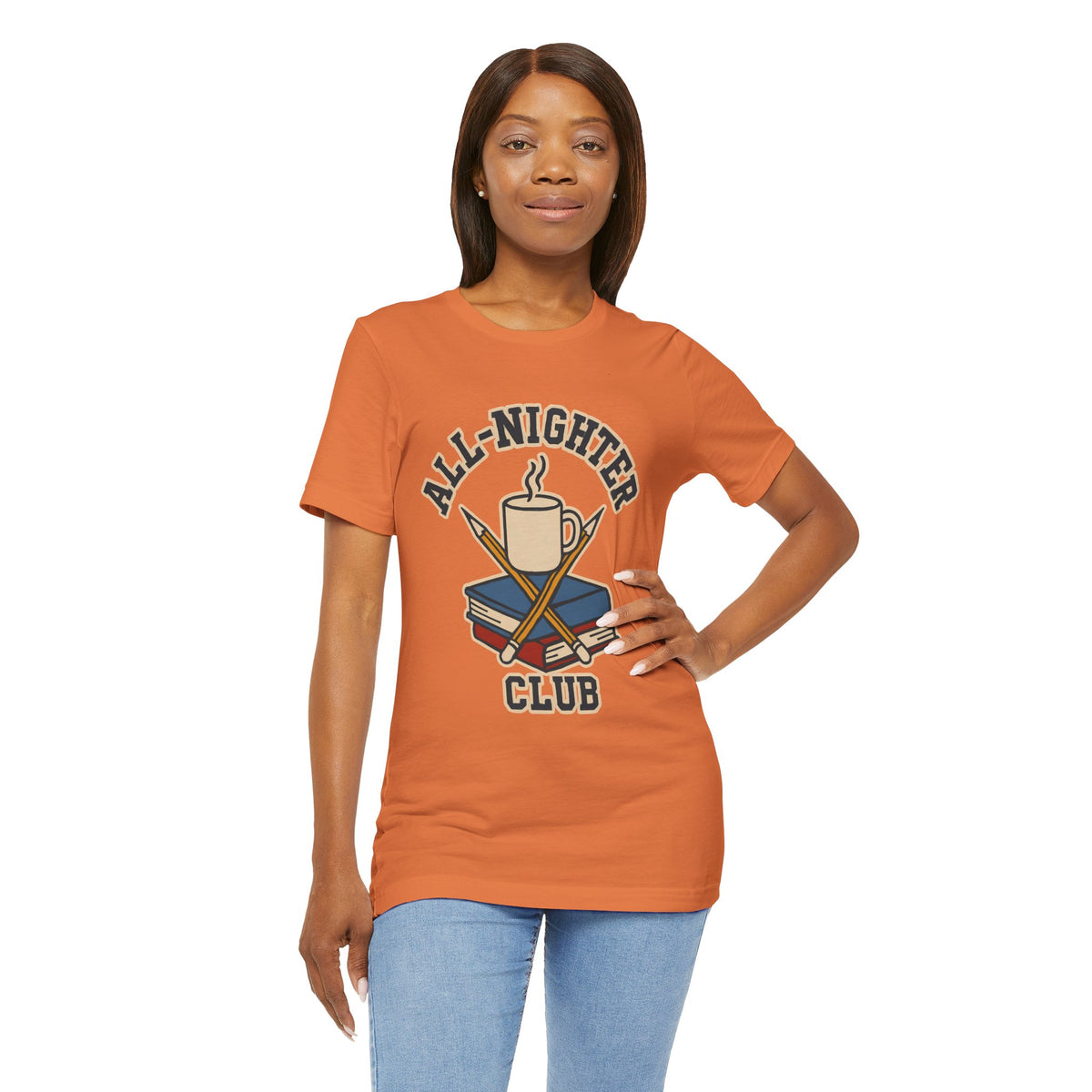 Orange crew-neck T-shirt with large caffeine cup and books 'All-Nighter Club' graphic