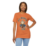 Orange crew-neck T-shirt with large caffeine cup and books 'All-Nighter Club' graphic