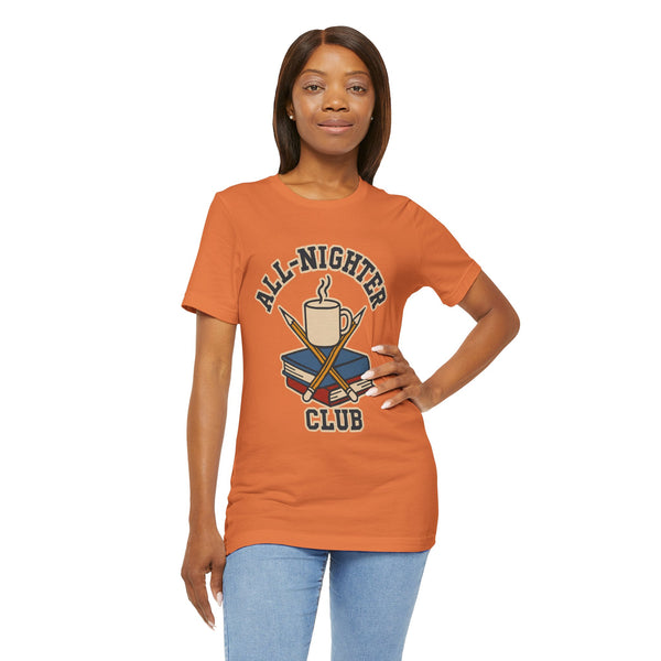 Orange crew-neck T-shirt with large caffeine cup and books 'All-Nighter Club' graphic