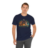 Navy crew-neck t-shirt on model, front graphic with glowing campfire scene