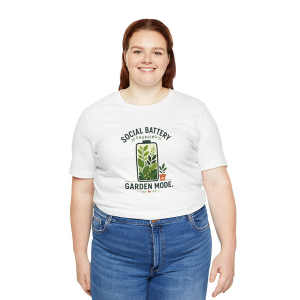 White garden mode t-shirt on model, 'Social Battery' charging plant graphic front