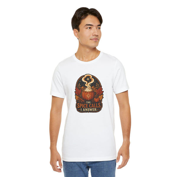 White crew-neck T-shirt featuring orange pumpkin spice emblem with “SPICE CALLS, I ANSWER”.