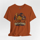Rust/orange crewneck T-shirt with “Gourd Intentions” witchy pumpkin graphic on chest
