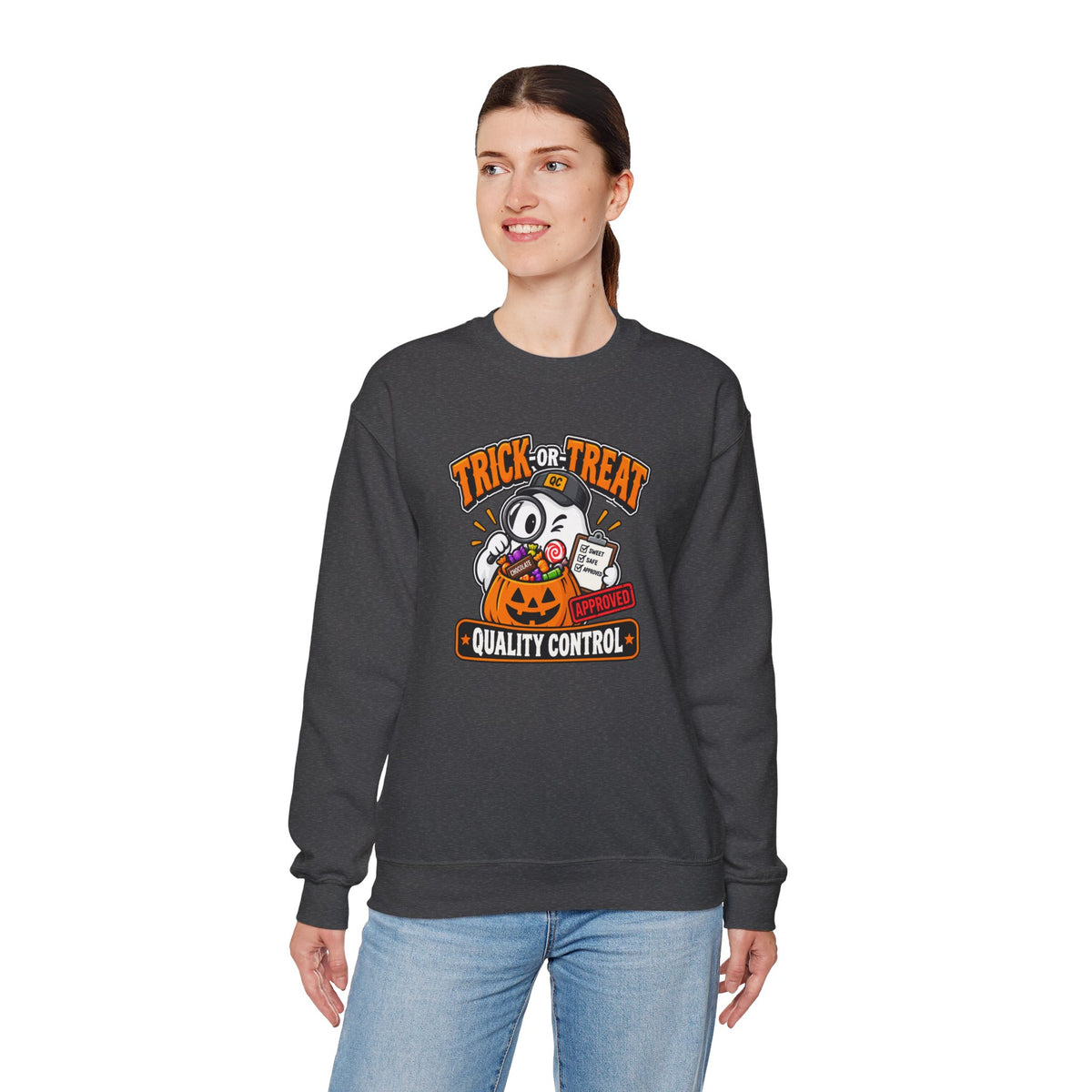 Trick-or-Treat Quality Control Sweatshirt – Funny Halloween Cozy Top