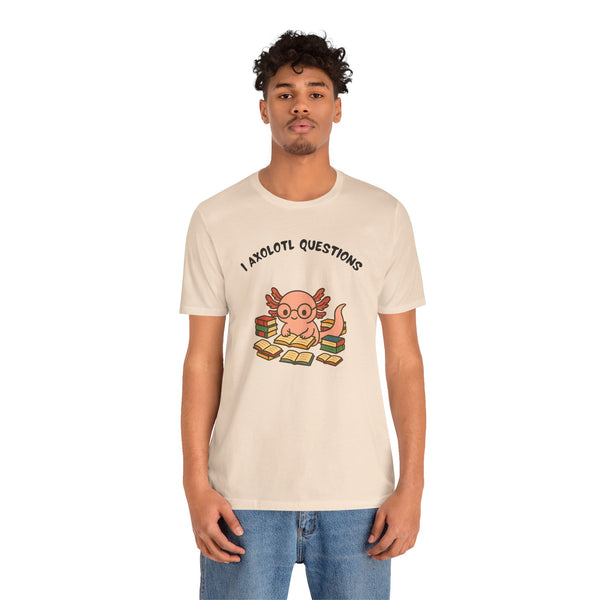 Cream short-sleeve crew t-shirt with axolotl reading books graphic and “Axolotl Questions” text