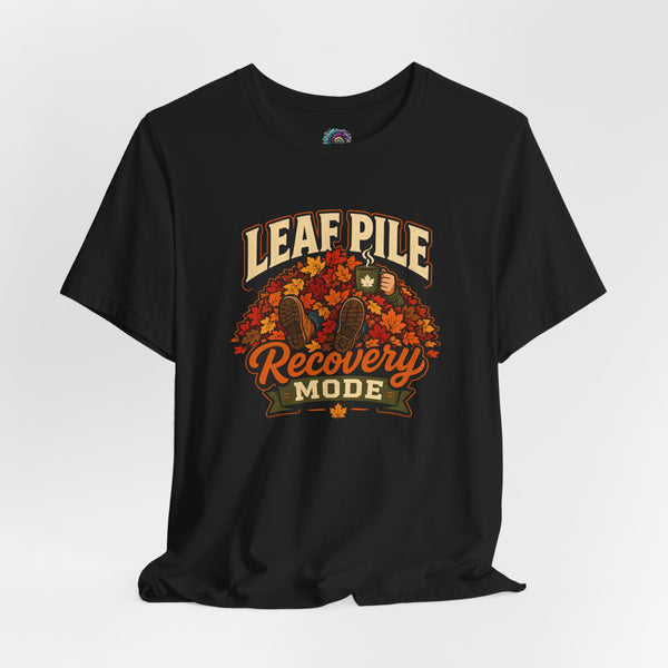 Black crewneck t-shirt with “LEAF PILE Recovery MODE” fall leaves graphic on chest.