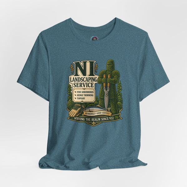 Teal heather crew-neck T-shirt with NI Landscaping Service logo chest graphic