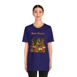 Navy crew-neck t-shirt with dragon and stacked book graphic on the front