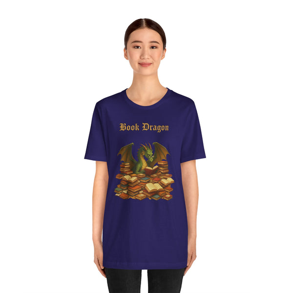 Navy crew-neck t-shirt with dragon and stacked book graphic on the front