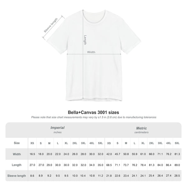 White unisex crewneck t-shirt, short sleeves, centered graphic print