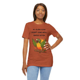 Rust parrot alarm graphic T-shirt with “MY ALARM CLOCK…SNOOZE BUTTON” message.