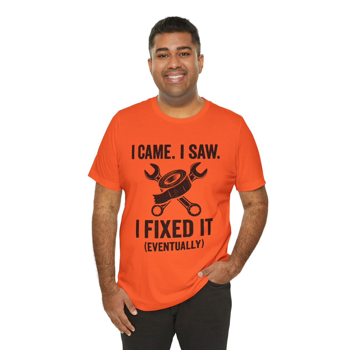 Orange crewneck T-shirt worn by a man, centered tools illustration with repair text
