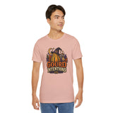 Blush crew-neck t-shirt with witch-and-pumpkin “Gourd Intentions” graphic