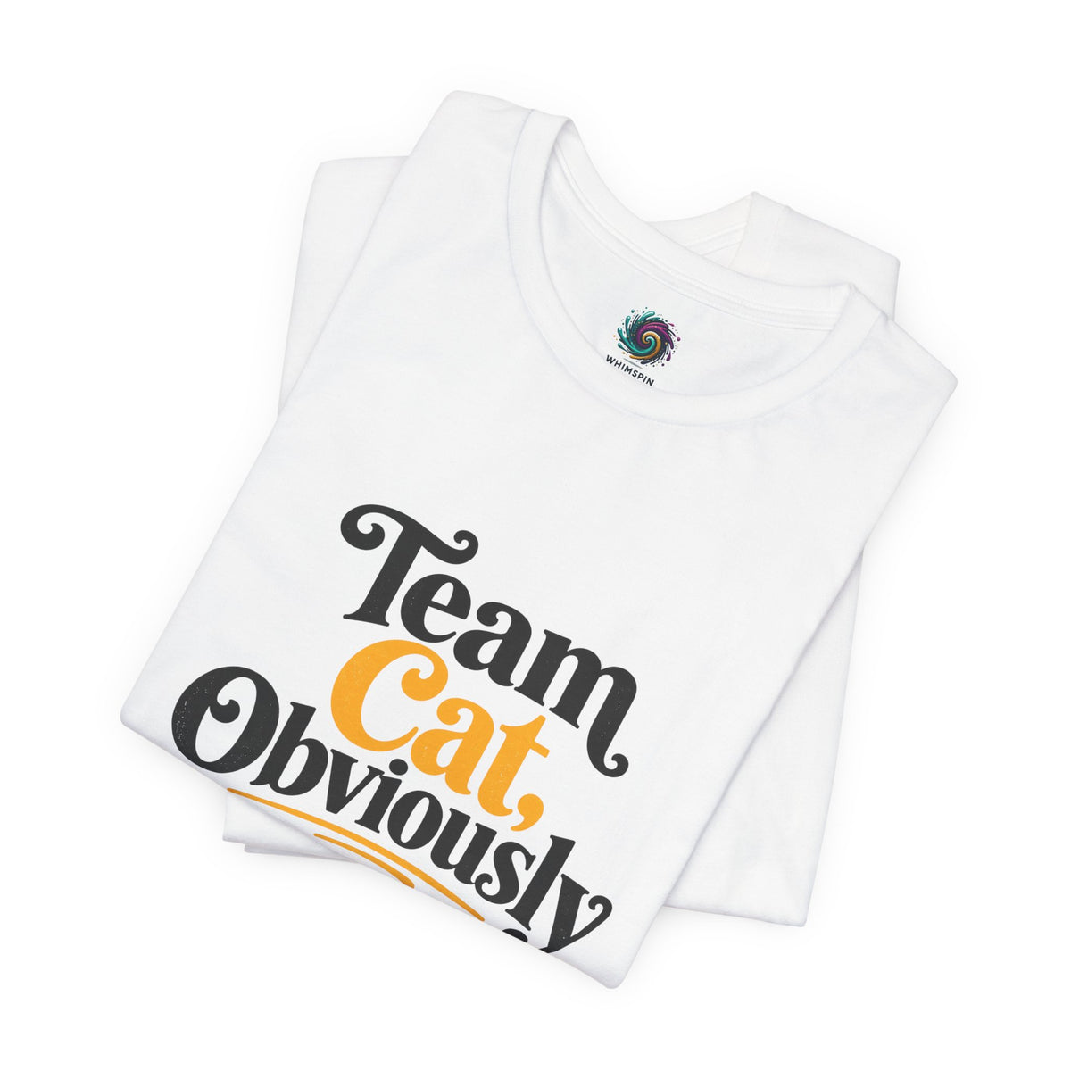 Stack of white T-shirts with 'Team Cat, Obviously' graphic, crew neck