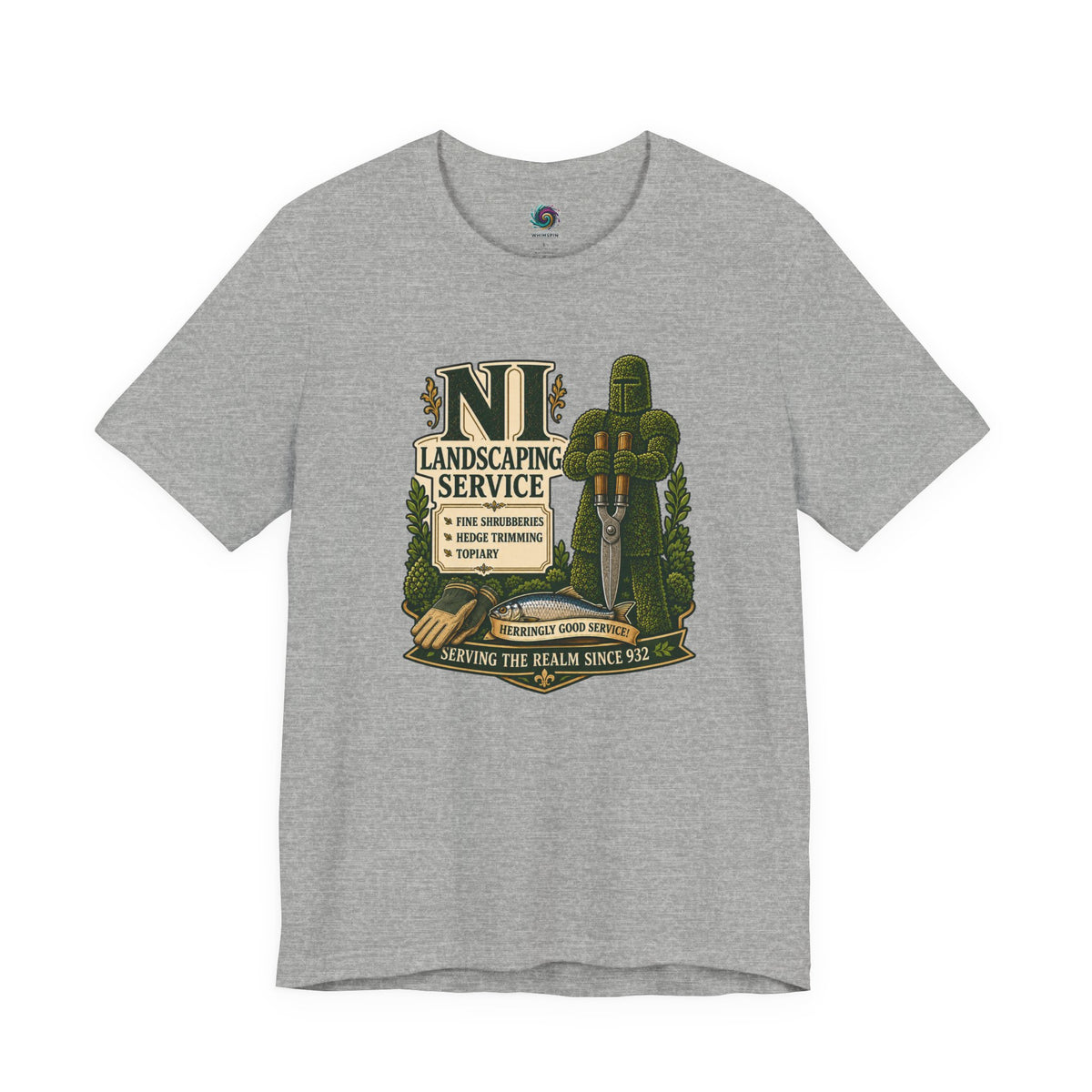 Heather gray crew-neck T-shirt with green gardening-themed graphic on the chest