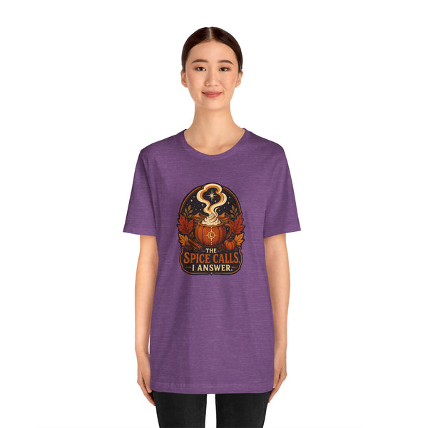 Purple crew-neck T-shirt with orange pumpkin spice cauldron graphic center chest