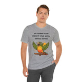 Heather gray parrot alarm T-shirt on male model, conure and wake-up text on front