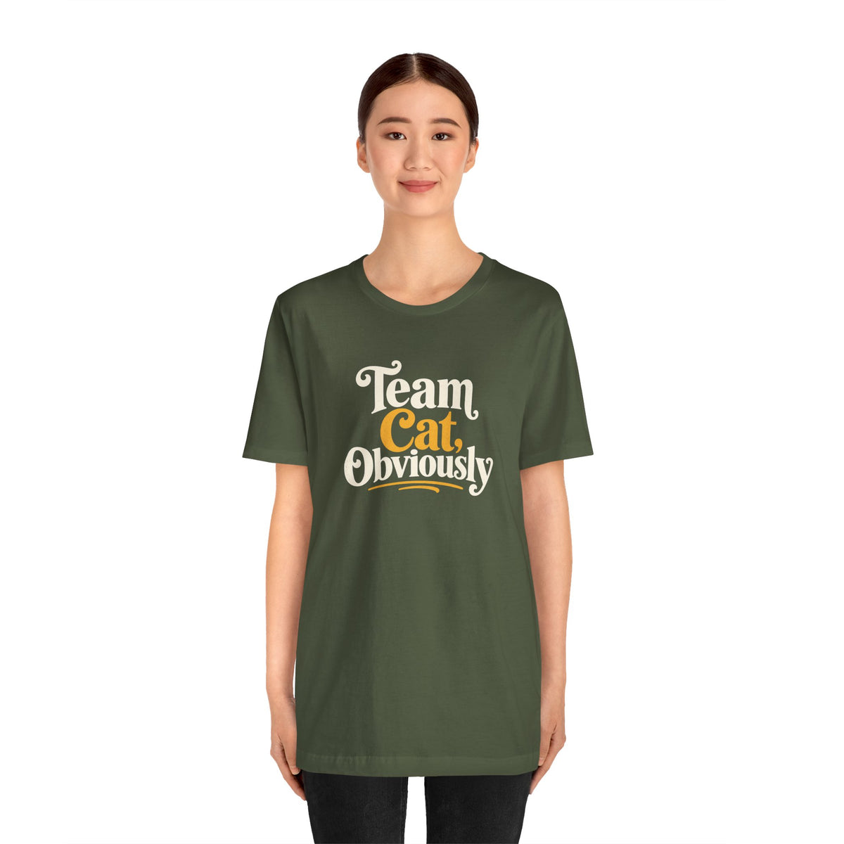 Military green crew-neck T-shirt with “Team Cat, Obviously” front print, straight view