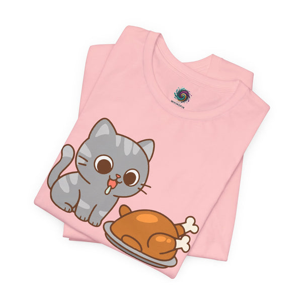 Pink crew-neck T-shirt with cute gray cat and brown roast graphic on chest.