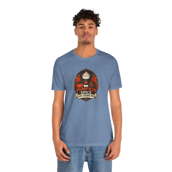 Slate blue crew-neck short-sleeve T-shirt with pumpkin graphic on front