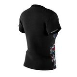 Black t-shirt back view with mostly plain fabric and partial colorful side graphic