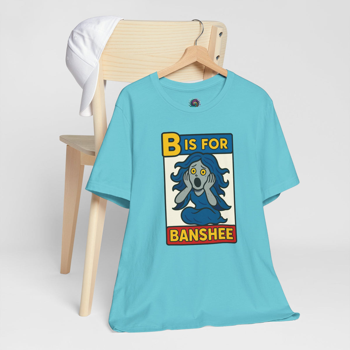 Turquoise crew-neck T-shirt with front B is for Banshee graphic, short sleeves